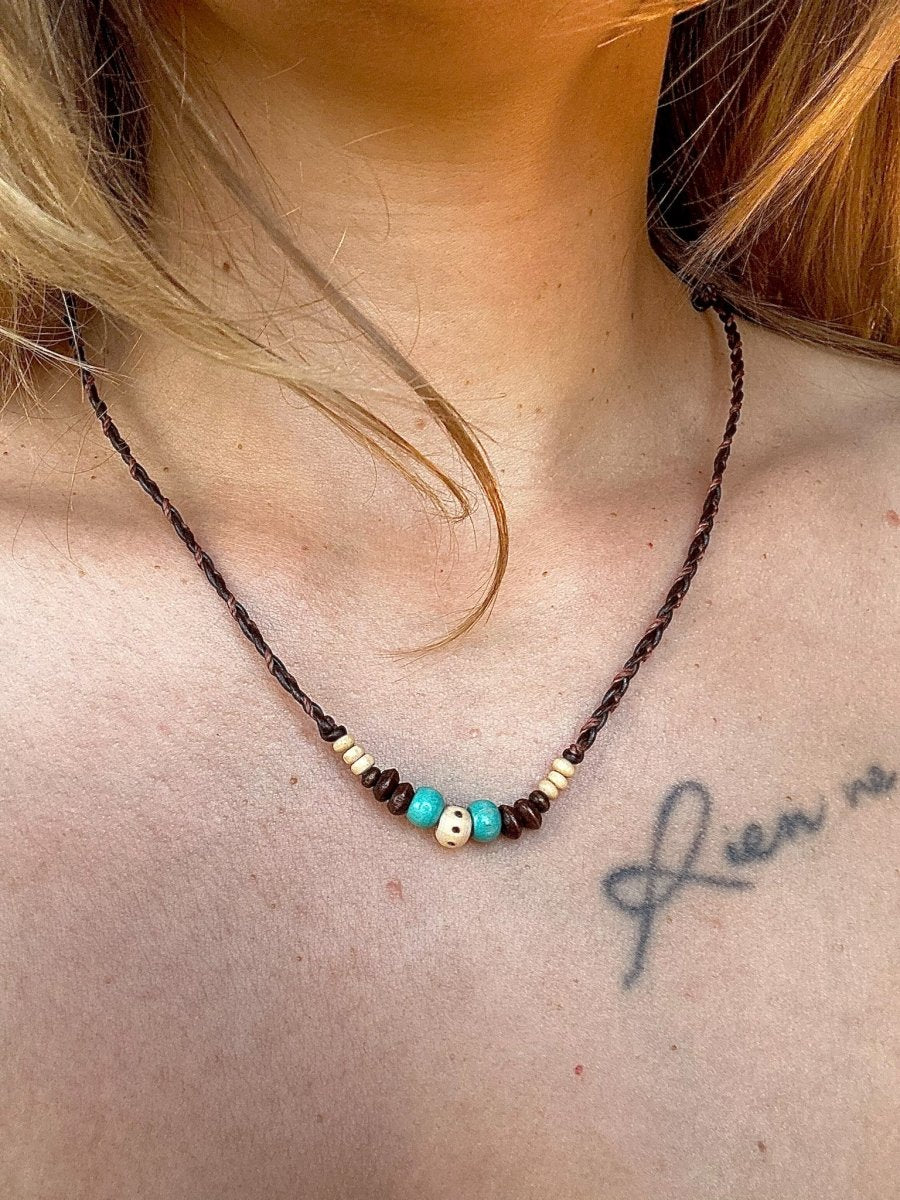 Holzperlen Kette türkis - Halsketten