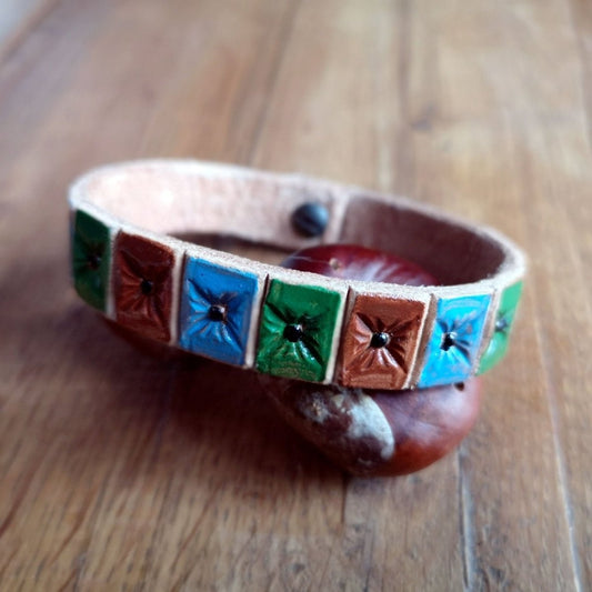 Lederarmband, handbemalt, Leder, Quadrate -