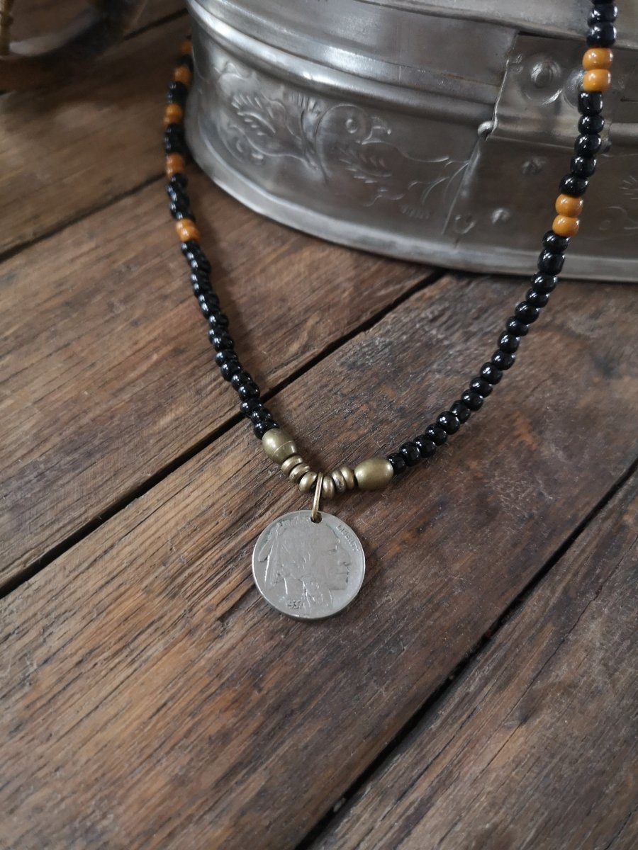Perlenkette, Buffalo Nickel, Western, Native American, Halskette -
