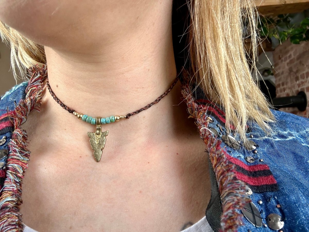 Western Kette Boho Choker Pfeil Perlen Leder - Halsketten