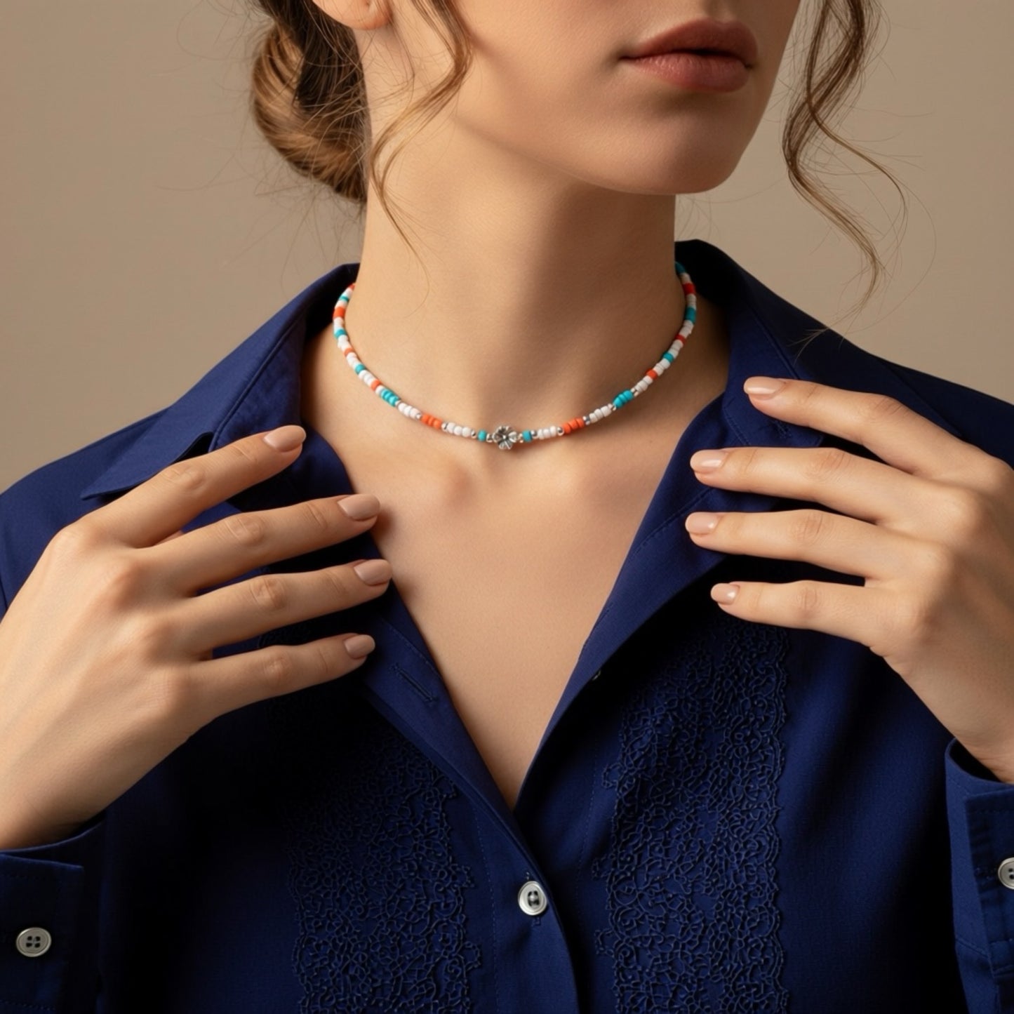 Layering Halskette mit Blumenperle, Türkis, Orange & Weiß Perlen, 925er Silber