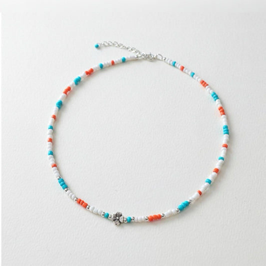 Layering Halskette mit Blumenperle, Türkis, Orange & Weiß Perlen, 925er Silber