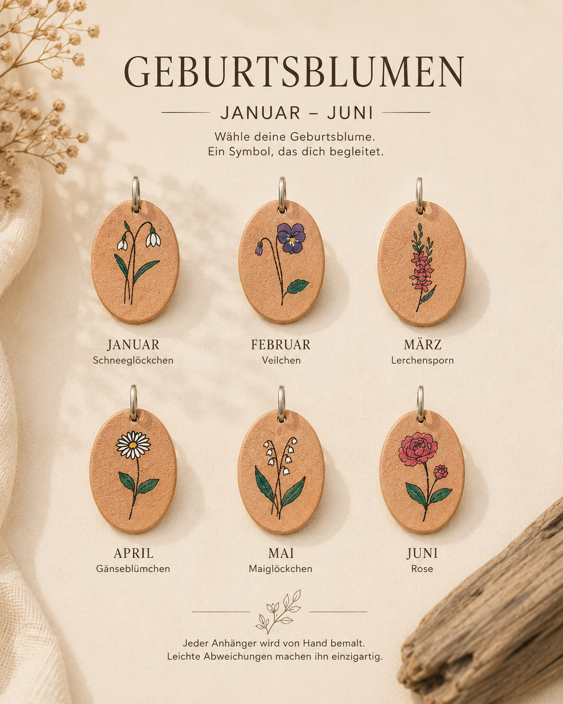 Personalisierter Leder Anhänger Detailansicht handgemalte Geburtsblume – Spitzstock Jan - Jun