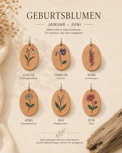 Personalisierter Leder Anhänger Detailansicht handgemalte Geburtsblume – Spitzstock Jan - Jun