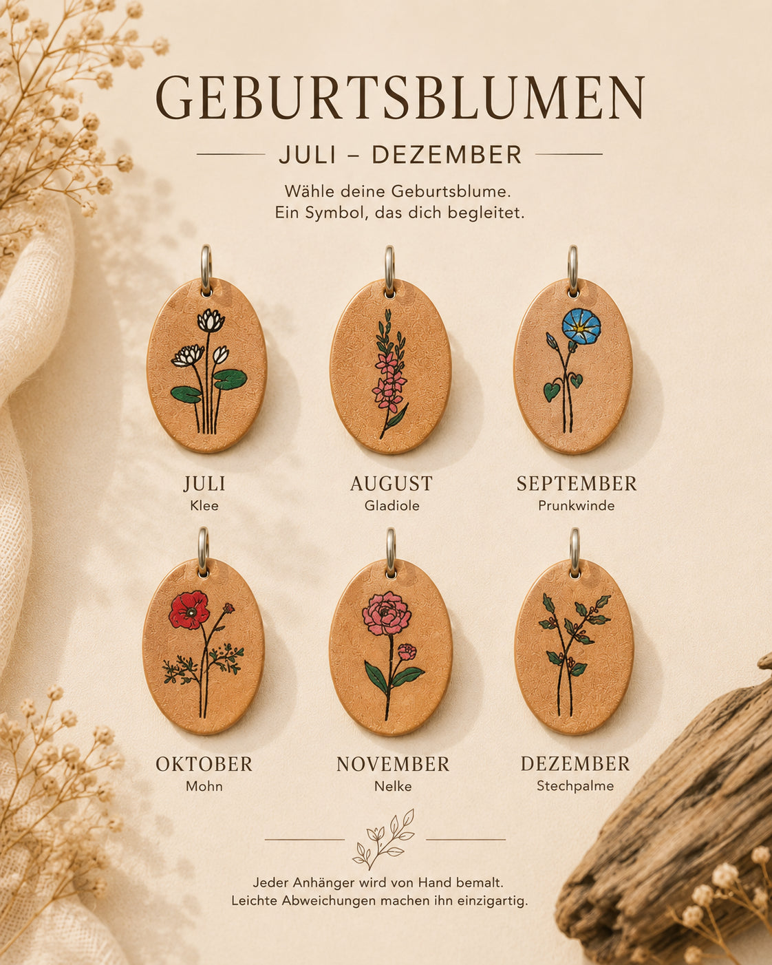 Personalisierter Leder Anhänger Detailansicht handgemalte Geburtsblume – Spitzstock Jul - Dez