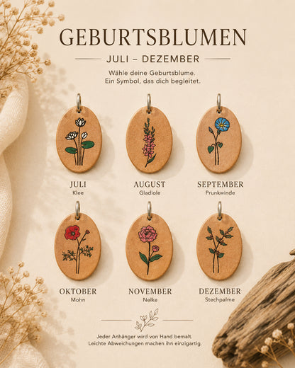 Personalisierter Leder Anhänger Detailansicht handgemalte Geburtsblume – Spitzstock Jul - Dez
