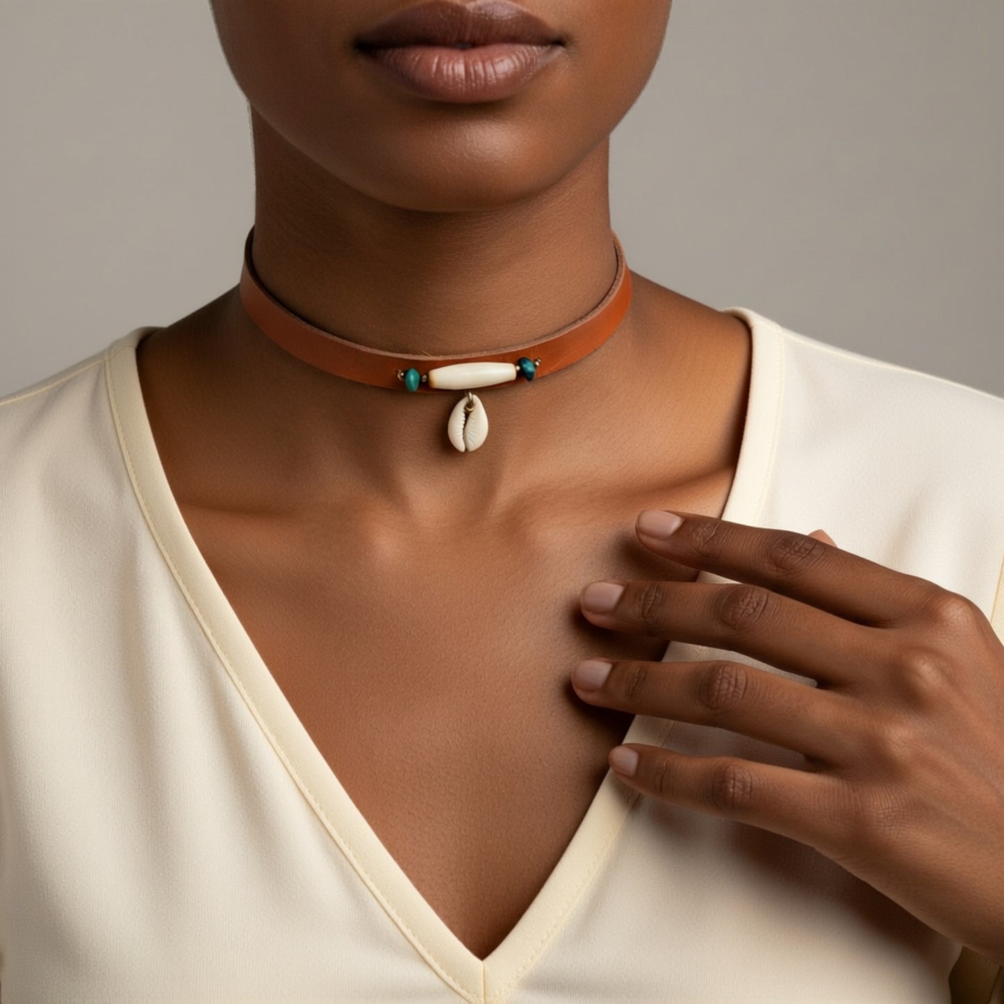 Southwestern Leder-Choker „Desert Spirit“ – Kette mit echtem Türkis, Muschel & Hairpipes