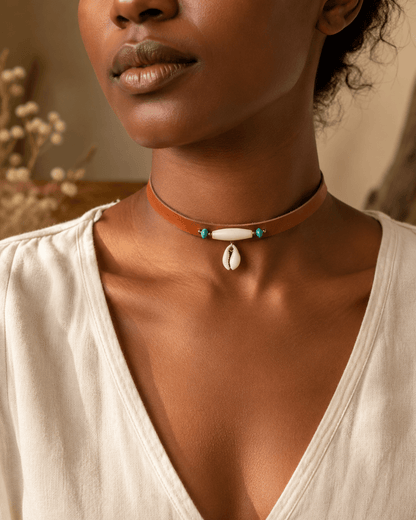 Southwestern Leder Choker Türkis, Muschel & Hairpipes – Sedona -