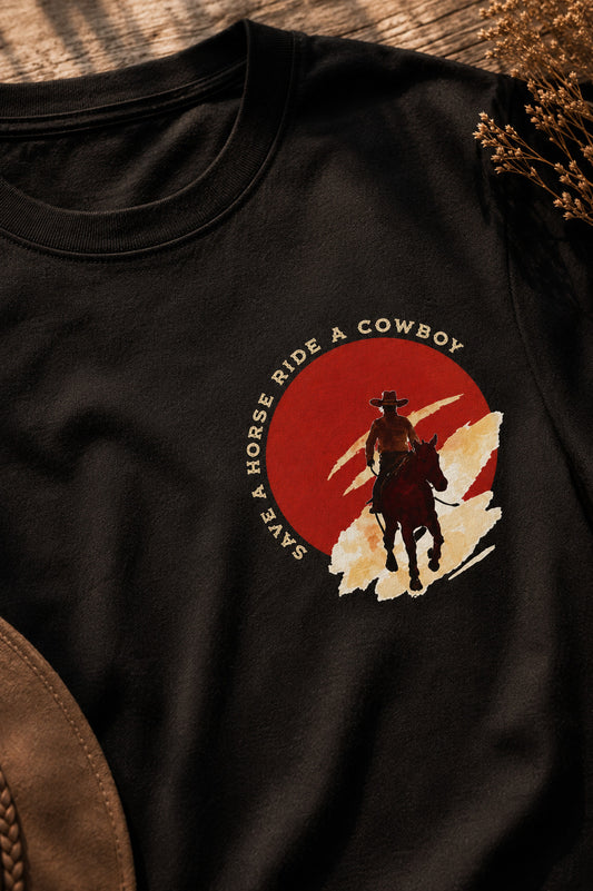 Wyatt T-Shirt Detailansicht Cowboy-Sunset-Print – von Spitzstock